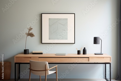 Minimalist home office with a clean-lined desk, a vintage desk lamp, and abstract artwork on the walls