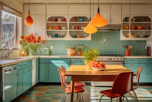 Sunlit mid-century kitchen with retro appliances, colorful backsplash tiles, and pendant lighting © authapol