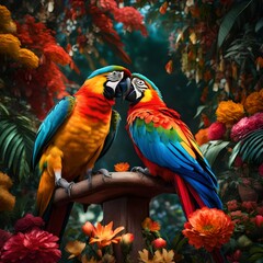 Crédence de cuisine  two blue and yellow macaw in red and yellow flowers  © Mulazimhussain