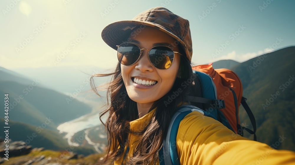 Portrait of Asian Female Hiker with Sunglasses Take a Selfie on Top of Mountain, Happy Traveller Woman Smiling and Looking at the Camera.