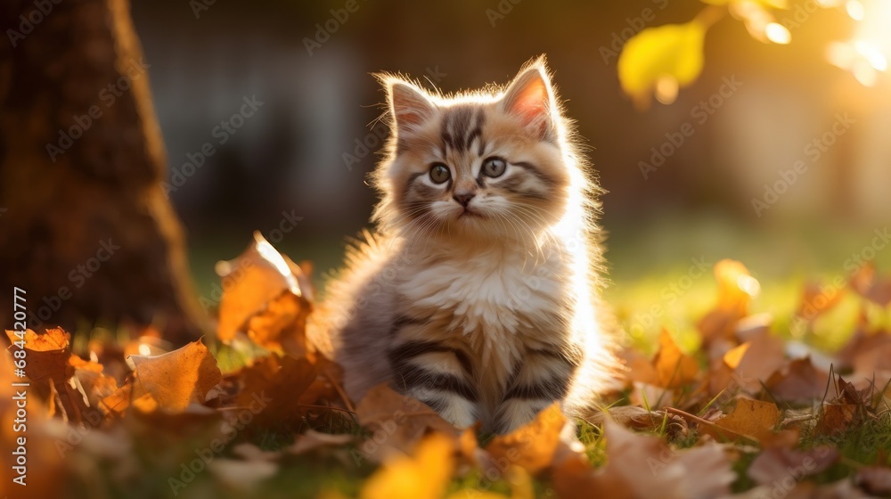 A Cute kitten playing with yellow autumn leaves at sunset. the backyard The background of the photo is a relaxing environment in the backyard. A Cute kitten playing with yellow autumn leaves at sunset. the backyard The background of the photo is a relaxing environment in the backyard.