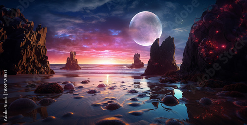 a mysterious beach in brittany France futuristic style, landscape with moon and clouds. Generative Ai content