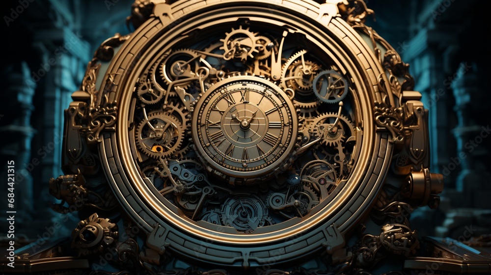 A mechanical brain with clockwork precision and gears in motion in a steampunk-inspired world A mechanical brain with clockwork precision and gears in motion in a steampunk-inspired world