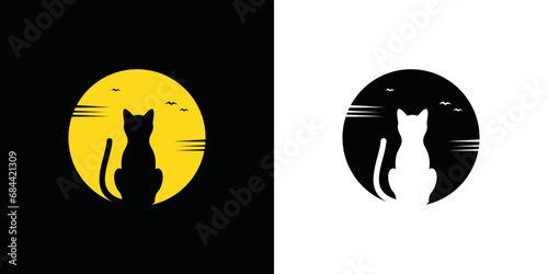 "Moon Cat" logo Concept Design Template. Negative Combination Of Cat And Moon Silhouette