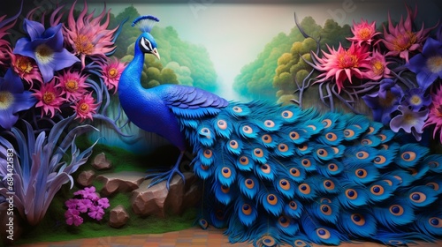Wallpaper Mural A mesmerizing 3D mural portraying a regal blue peacock amidst a surreal landscape of swirling colors and ethereal light. Torontodigital.ca