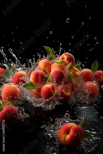 Beautiful juicy peaches in a splash of water, peach leaves and flowers. Generative AI.