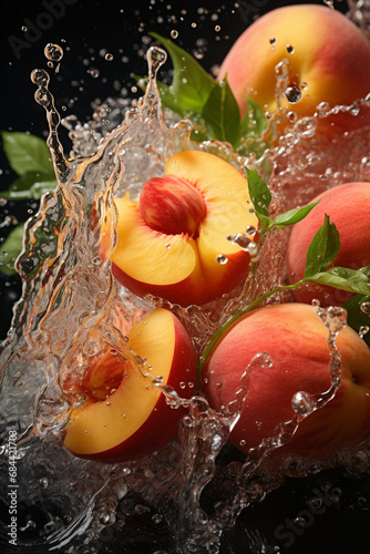 Beautiful juicy peaches in a splash of water, peach leaves and flowers. Generative AI.