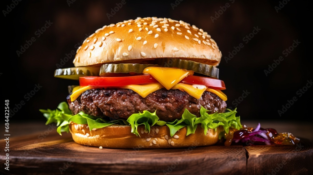 Close-up home made beef burger on wooden table, copy space and generative ai Close-up home made beef burger on wooden table, copy space and generative ai