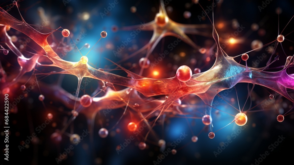 A microscopic view of neuron connections with vibrant colors A microscopic view of neuron connections with vibrant colors