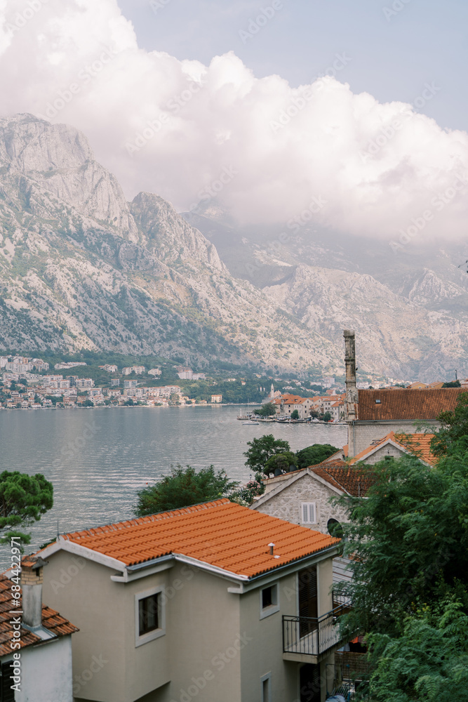View of the Bay of Kotor above the red tiled roofs of the old town. Montenegro