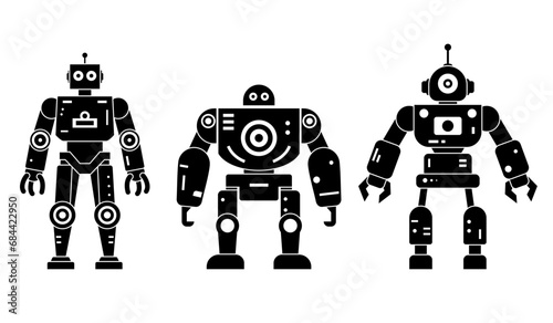 Robots set happy funny black icons. Machine technology cyborg silhouette. Futuristic humanoid characters set. Science robotic, Android friendly character, robotic technology vector illustration