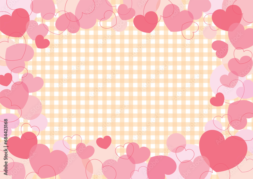 かわいいハートイラストのフレームポストカード/ピンク・黄色ギンガムチェック