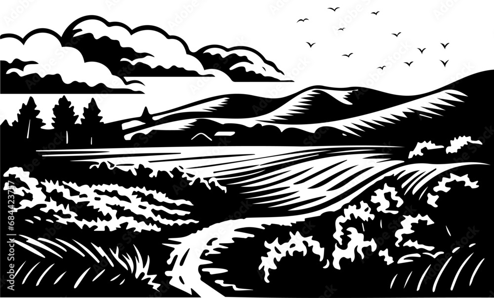 Black and White Landscape Linocut Blockfront. Illustration of nature. Clouds and mountains linocut.