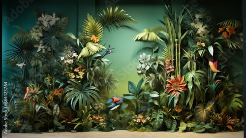 A nature-inspired 3D wall mural portraying a lush tropical jungle with exotic flora and fauna.