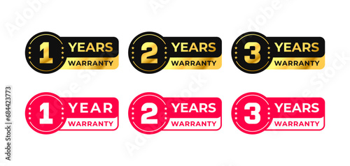 1, 2, 3 Years Warranty label with gold color. One, two, three, red warranty badge. for icon, logo, symbol, sign, label, sticker,  stamp, banner, tag, text, badge, emblem, seal. Vector illustration photo