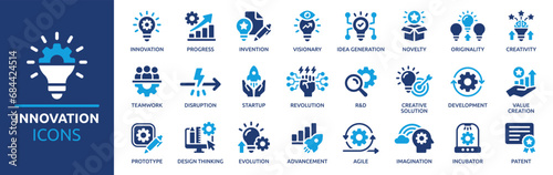 Innovation icon set. Containing creativity, invention, prototype, visionary, idea generation, agile, revolution and more. Solid vector icons collection.