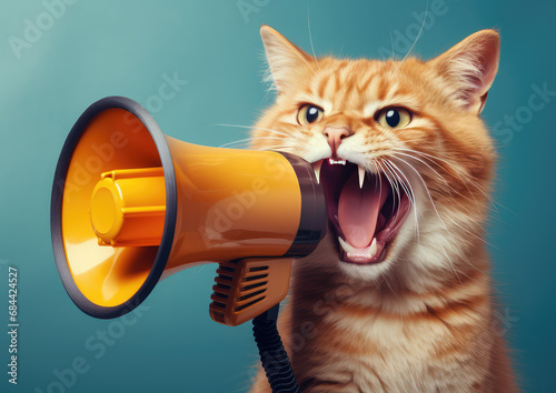 an orange cat is screaming into a megaphone