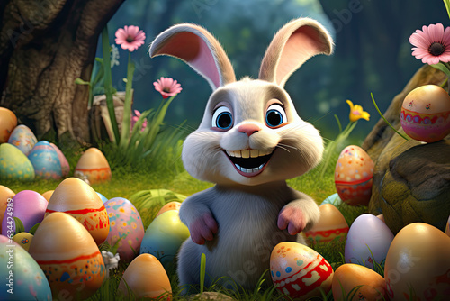 Many Happy smiling Easter Bunnies with many colorful easter eggs © Kien