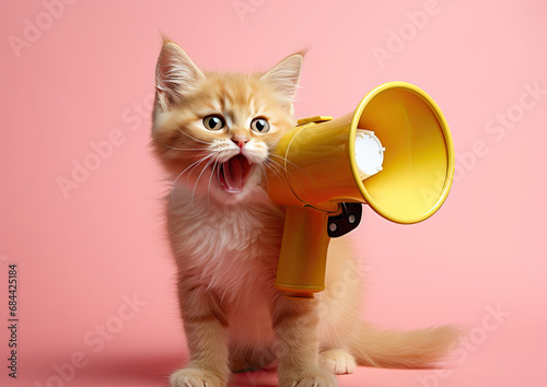an orange cat is screaming into a megaphone