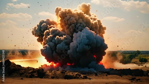 A thunderous blast destroys a military target, leaving behind a landscape reshaped by the force of the explosion. photo