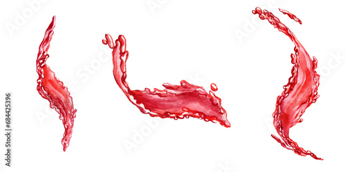 watercolor drawing splashes of red juice or wine isolated at white background, hand drawn illustration