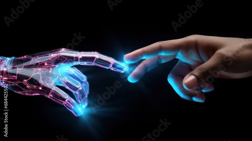 AI Robot and human touching concepts. cyber finger touch human with flash light design. Futuristic communication technology Wallpaper. Neon.