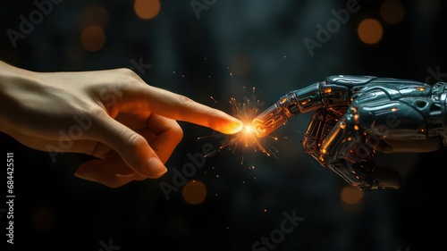 AI Robot and human touching concepts. cyber finger touch human with flash light design. Futuristic communication technology Wallpaper. Neon.