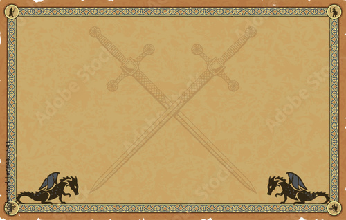 Large Parchment with Medieval Frame, Dragons, Crossed Two-Handed Swords