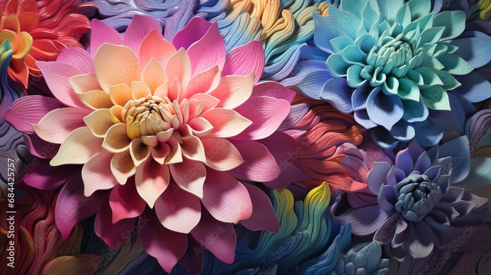 A surreal garden of iridescent 3D abstract flowers, each bloom pulsating with hypnotic patterns and shifting hues.
