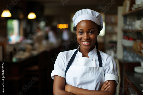 Female portrait. Restaurant chef in white apron and hat. Young beautiful black woman looking at camera on blurred background of pastry shop, cafe, canteen, kitchen room. Healthy food. Generative AI