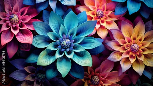 A surreal garden of iridescent 3D abstract flowers, each bloom pulsating with hypnotic patterns and shifting hues.