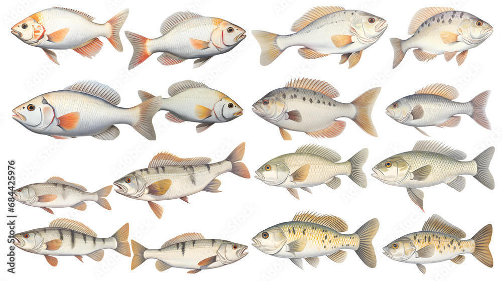 Collection of Watercolor Redfin Perch and Carp Fish illustration isolated on white background
