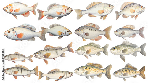 Collection of Watercolor Redfin Perch and Carp Fish illustration isolated on white background