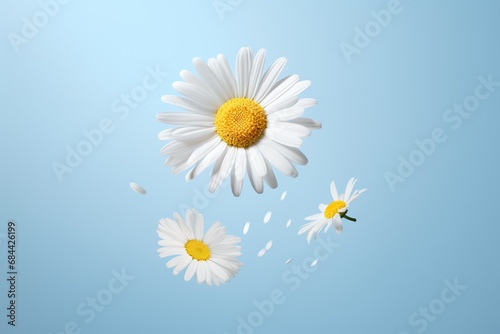 White daisies flying in the blue sky. Pastel background