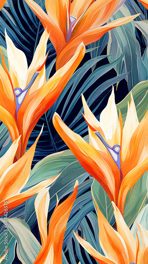 Seamless pattern with tropical beautiful strelitzia isolated
