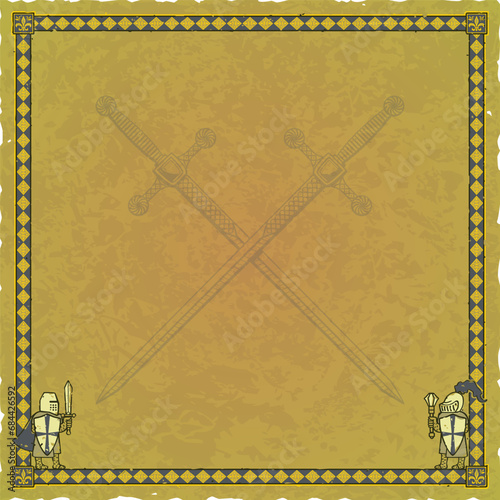 Green Parchment with Medieval Knights, Ornate Frame, Crossed Two-Handed Swords