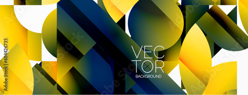 Abstract masterpiece formed by delicate interplay of circles, squares, and triangles. Geometric elements converge in harmonious chaos, evoking sense of modern creativity. Symphony of shapes