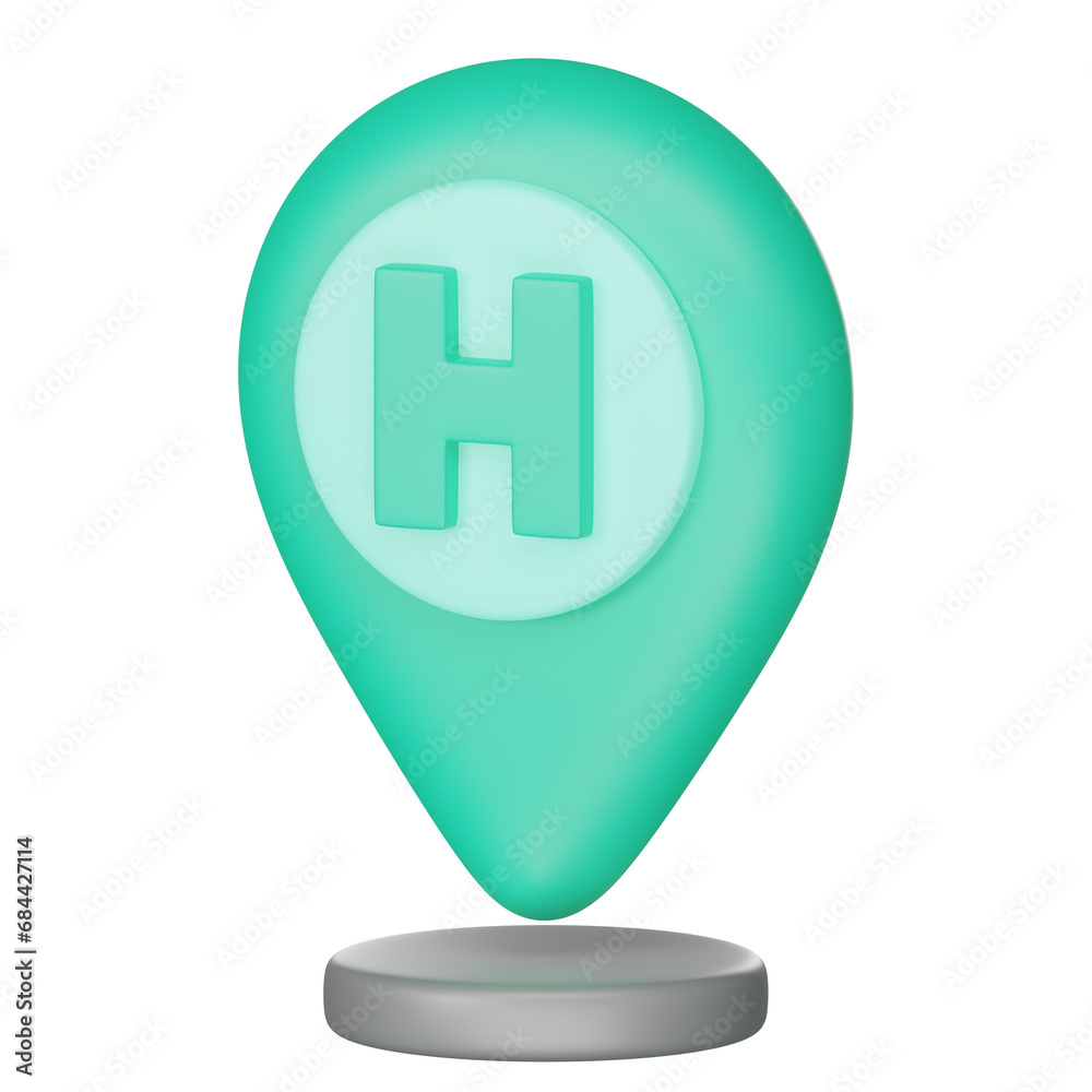 Location mark, destination pointer with letter H, hotel or hospital sign. 3d render Location mark, destination pointer with letter H, hotel or hospital sign. 3d render