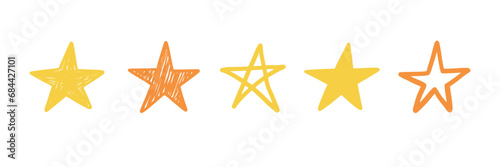Five star doodle. Hand drawn quality, review yellow five star illustration. Award, quality, feedback concept elements. Sketch grunge style. Isolated vector illustration.