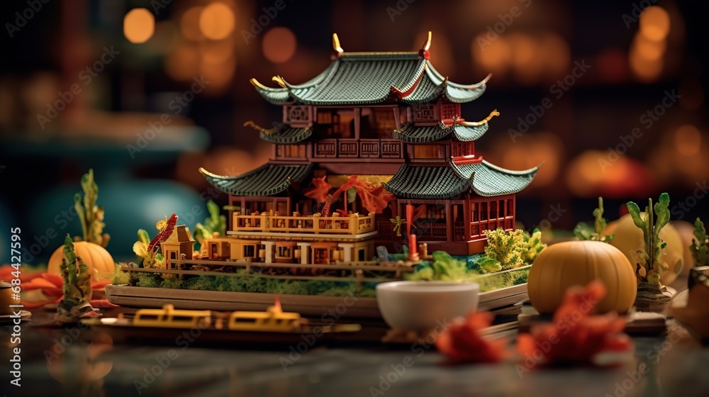 Miniature of chinese temple on table with blurred bokeh background - obrazy, fototapety, plakaty 