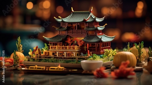 Miniature of chinese temple on table with blurred bokeh background photo