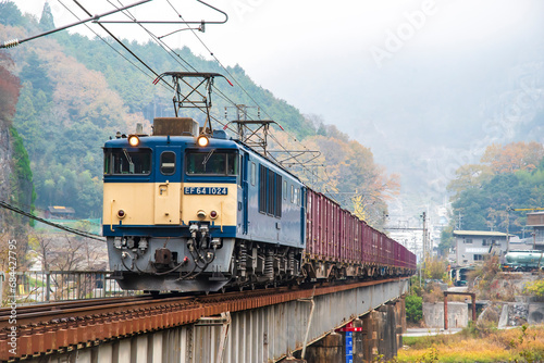 橋を渡るEF64牽引の貨物列車