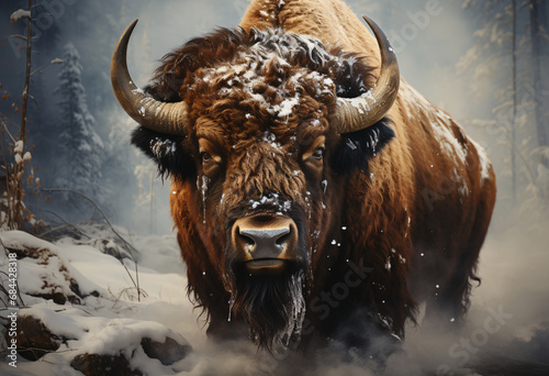 Close up of a bison covered in winter snow haft standing in snowy land, impressive panoramas, movement and spontaneity captured, rustic textures