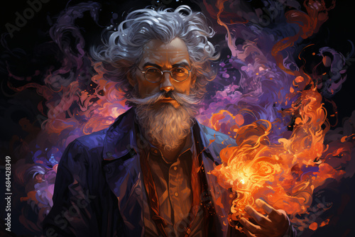 wizard, magician, sorcerer. fantasy character. portrait of a man with a mustache and curly beard, illustration in orange-purple tones.