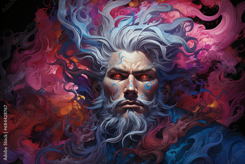 sorcerer, warlock, evil magician, witcher. a negative fantasy character. portrait of a man with a mustache and curly beard, colorful illustration. sorcerer, warlock, evil magician, witcher. a negative fantasy character. portrait of a man with a mustache and curly beard, colorful illustration.