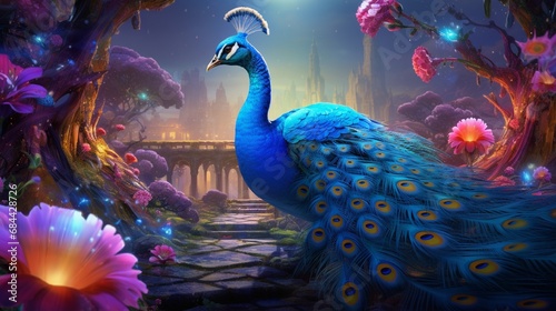 A vividly colorful 3D artwork portraying a magnificent blue peacock amidst a field of glowing mushrooms in a whimsical fairy tale setting. photo