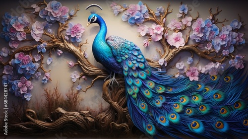 A vividly colorful 3D mural portraying a magnificent blue peacock perched on an ancient tree branch surrounded by mystical glowing flowers. photo