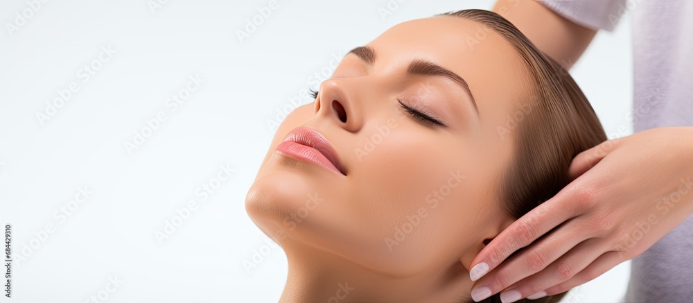 In the concept of health and wellness, a beautiful young woman is isolated in a white background at a spa, indulging in a rejuvenating massage that hydrates her skin while she enjoys the benefits of In the concept of health and wellness, a beautiful young woman is isolated in a white background at a spa, indulging in a rejuvenating massage that hydrates her skin while she enjoys the benefits of
