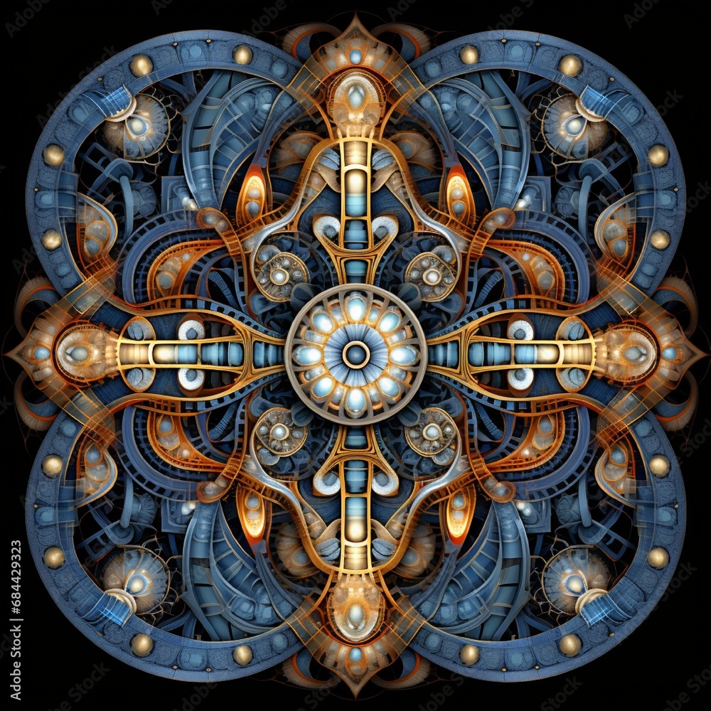 Abstract Interplay of Symmetrical Fractal Designs in a Mosaic Arrangement.