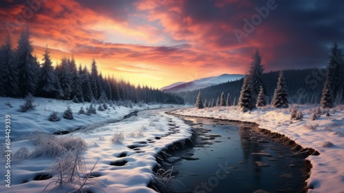 Serene winter sunrise over frozen forest and tranquil water reflection.